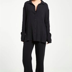 [M]BOA Because of Alice Dark Crinkled Textured Gauzy Button-Up Shirt Slits